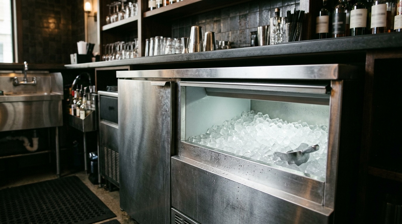 A stainless undercounter ice machine with a full bin