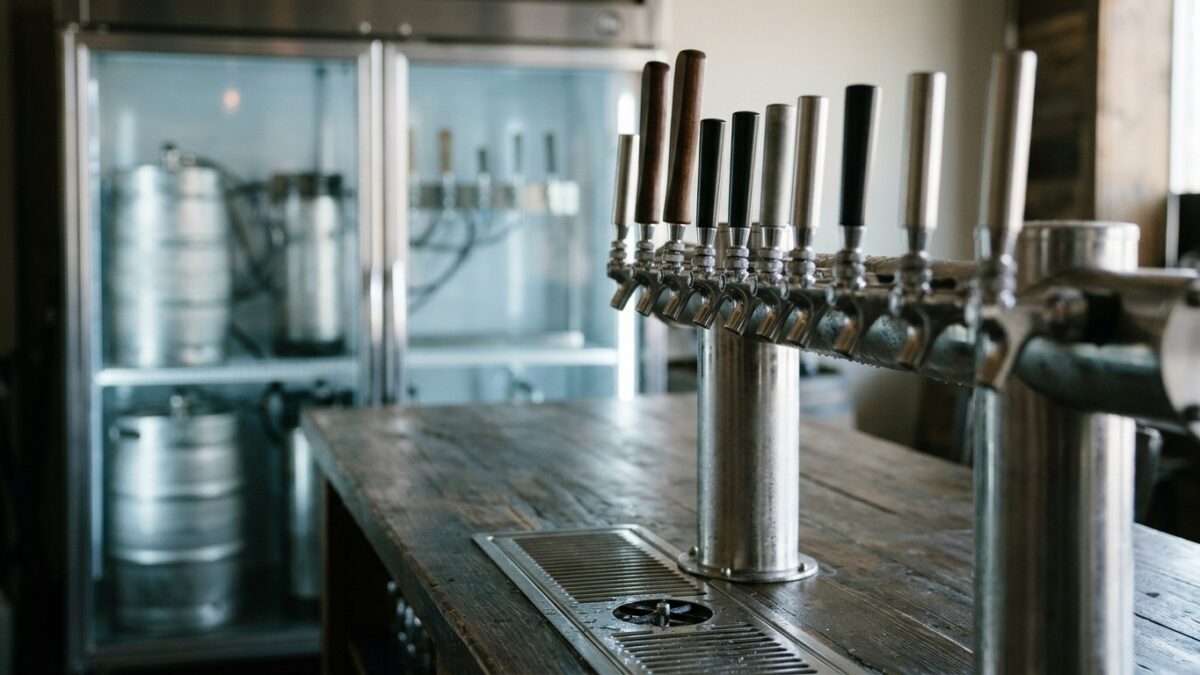 A row of stainless beer taps on a tower