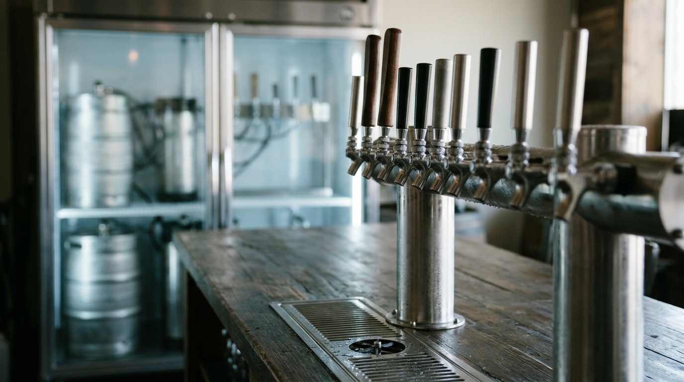A row of stainless beer taps on a tower